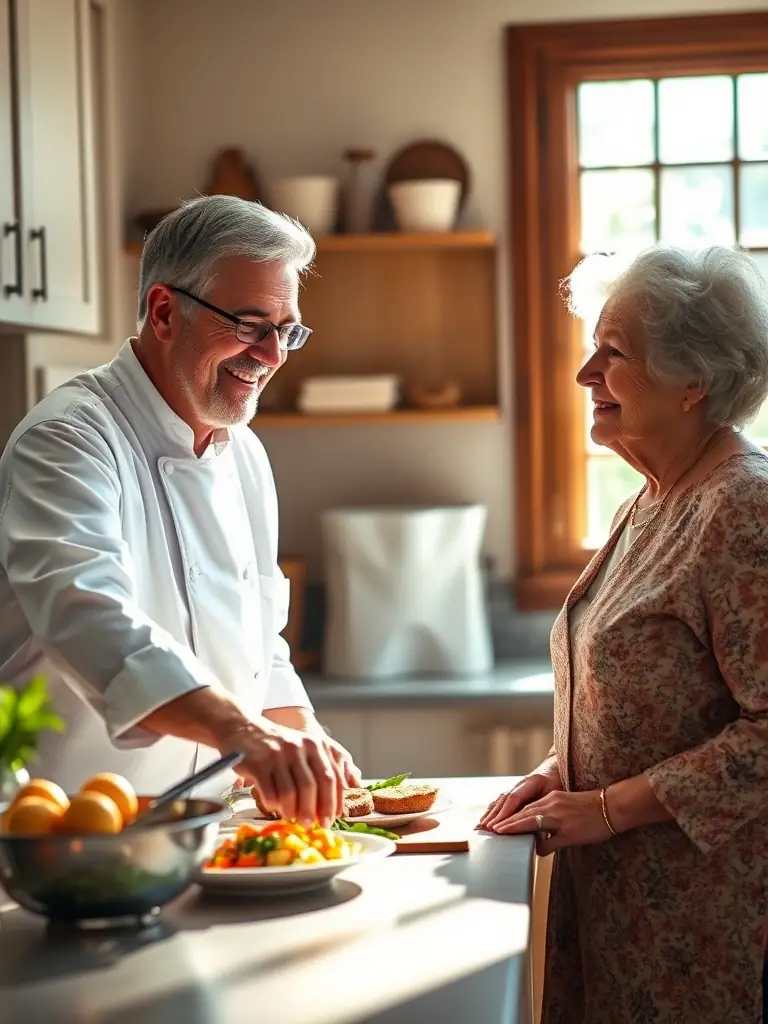 A warm, inviting image of Steven, the chef, preparing a meal in a senior's home kitchen, smiling and engaging with the senior.
