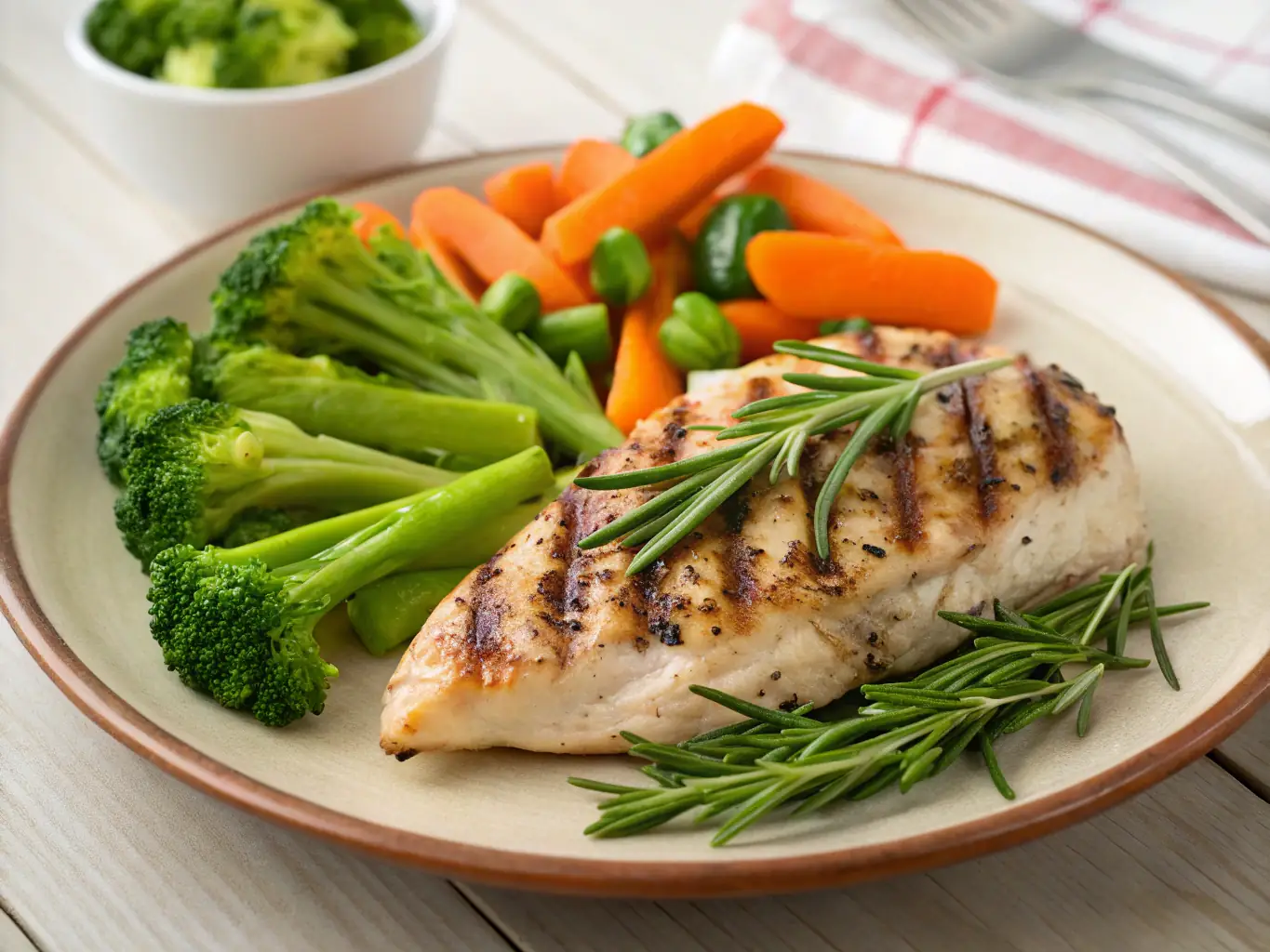 An appetizing photo of a plate of baked chicken with roasted sweet potatoes and green beans, showcasing a balanced and wholesome meal.