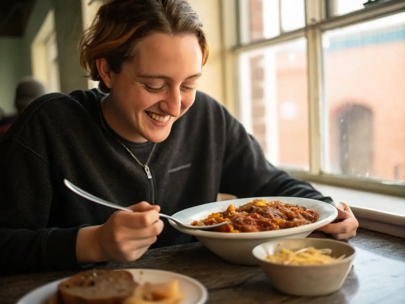 A senior woman smiles as she looks at a plate of colorful, healthy food prepared by a personal chef in her home kitchen. The scene is warm and inviting, emphasizing the personal touch of My Forte 4 Seniors.
