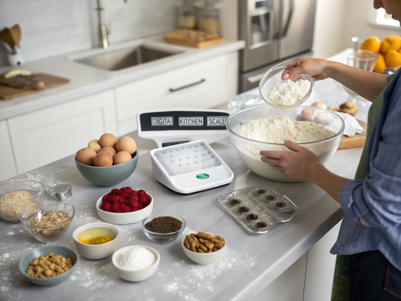 A close-up shot of a chef carefully measuring ingredients for a diabetic-friendly meal, emphasizing precision and attention to detail.