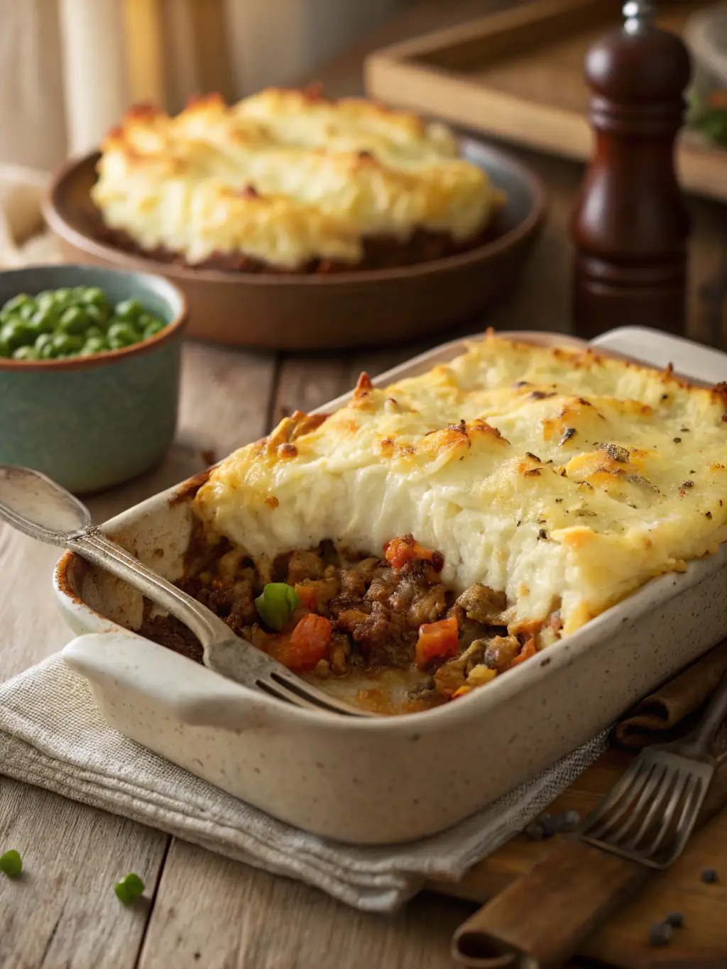 A comforting image presenting a classic comfort food meal, featuring a small portion of shepherd's pie made with lean ground beef and topped with mashed sweet potatoes, served with a side of steamed peas.