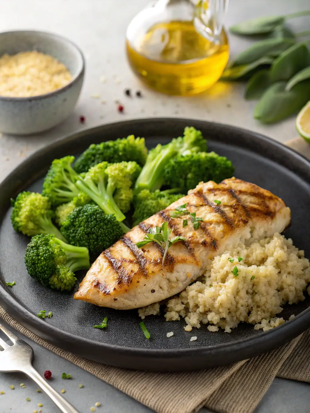 A vibrant image showcasing a colorful and nutritious diabetic-friendly meal, featuring grilled chicken breast, steamed green beans, and a small portion of quinoa, presented on a clean, modern plate.