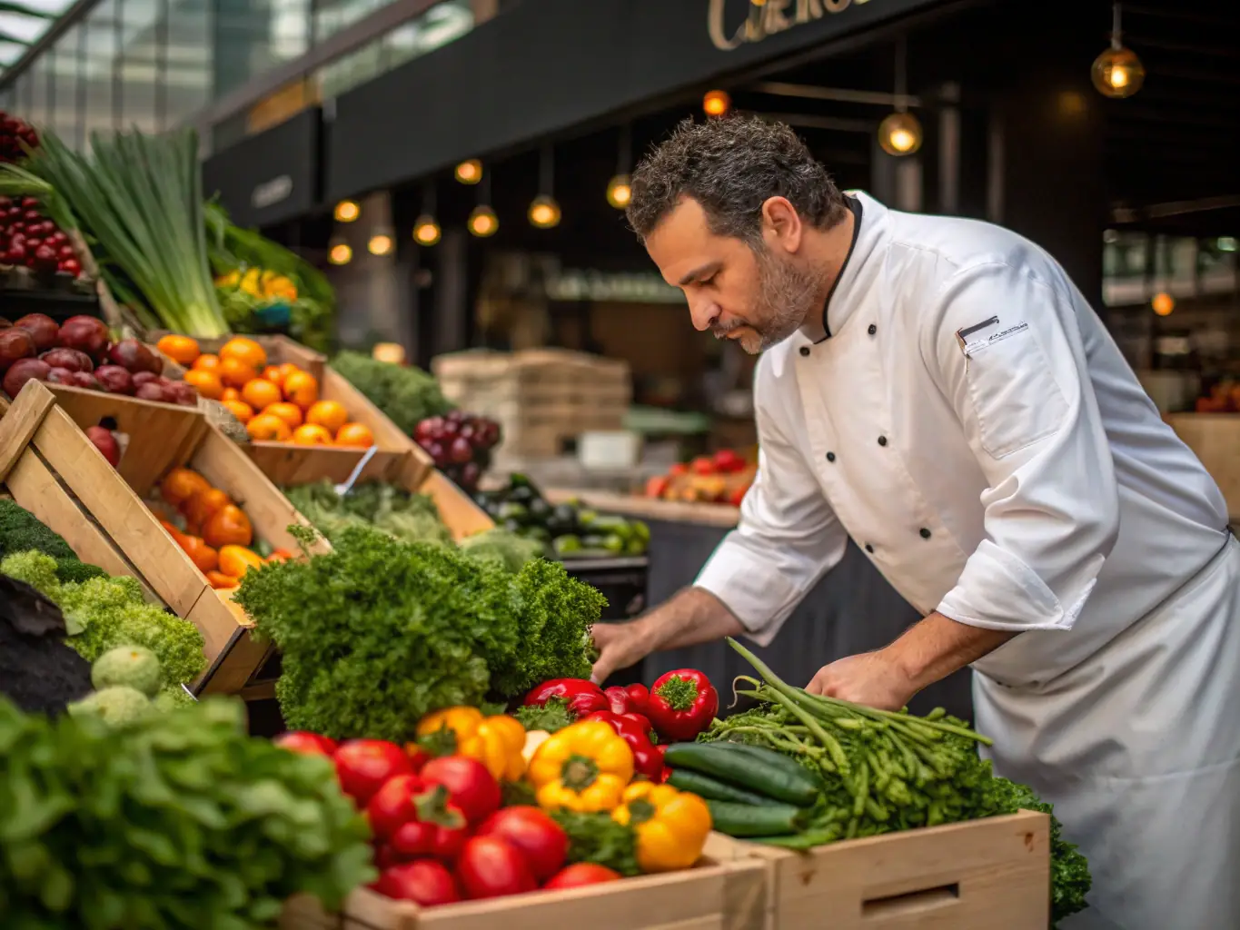 A personal chef shops for fresh produce at a local farmer's market, carefully selecting ingredients for a senior's customized meal plan. The image highlights the attention to detail and quality ingredients used by My Forte 4 Seniors.
