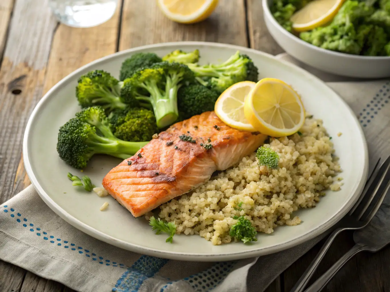 A close-up shot of a colorful plate featuring grilled salmon with a side of steamed asparagus and quinoa, highlighting the freshness and nutritional balance of the meal.