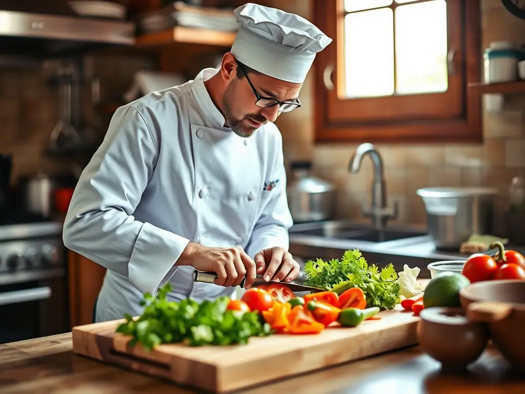 An image of a chef preparing a meal in a spotless kitchen, focusing on the use of fresh, allergen-free ingredients.