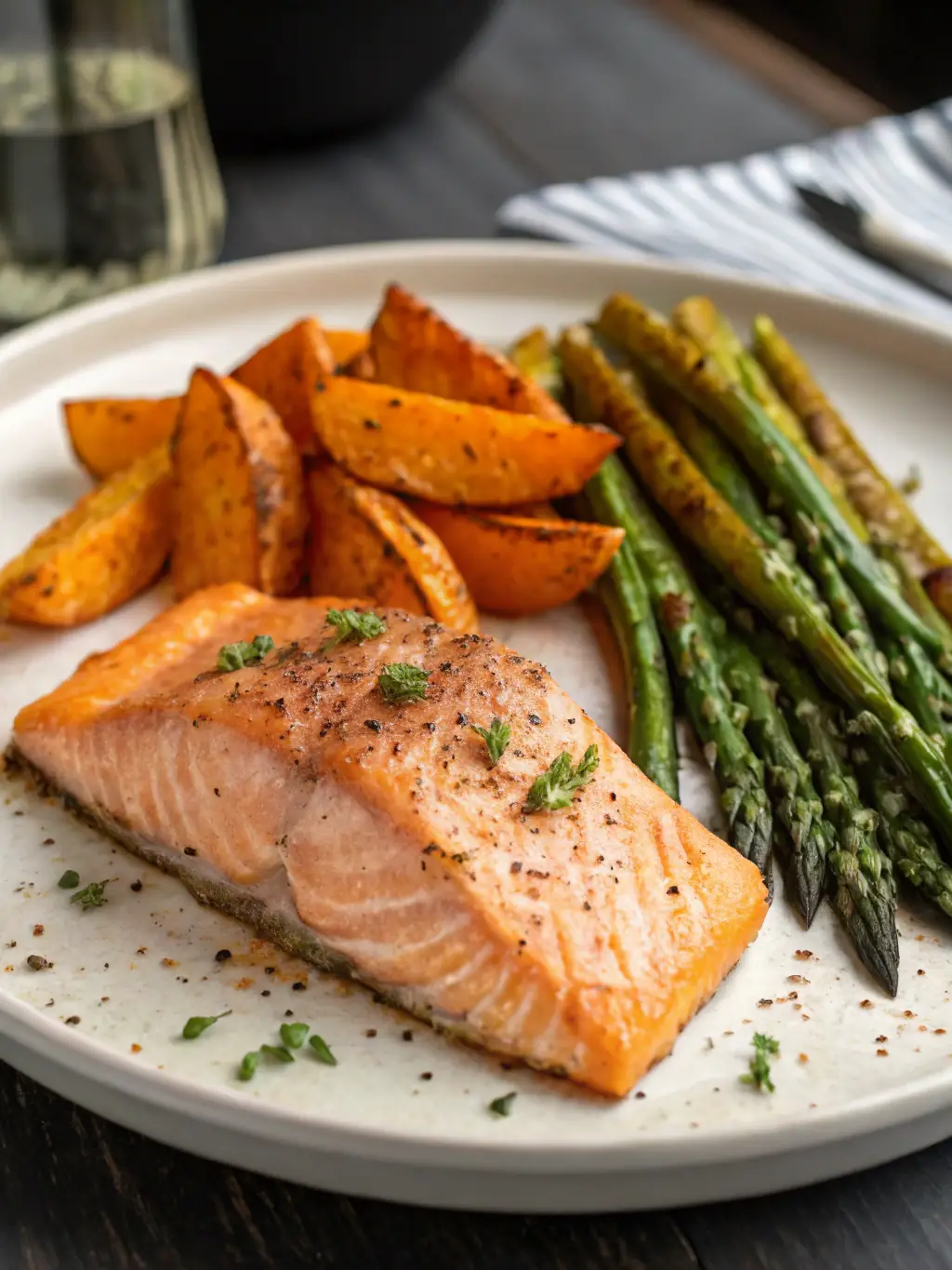 An appetizing image displaying an allergy-conscious meal, highlighting a baked salmon fillet with roasted vegetables (broccoli, carrots, and bell peppers), ensuring no common allergens are present.