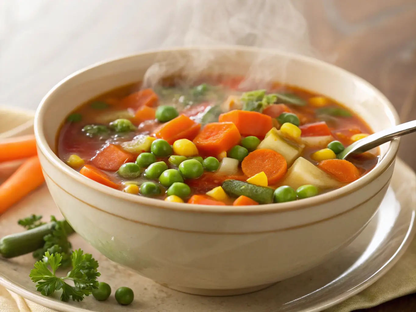 A vibrant image of a bowl of hearty vegetable soup with chunks of carrots, celery, and potatoes, garnished with fresh parsley.